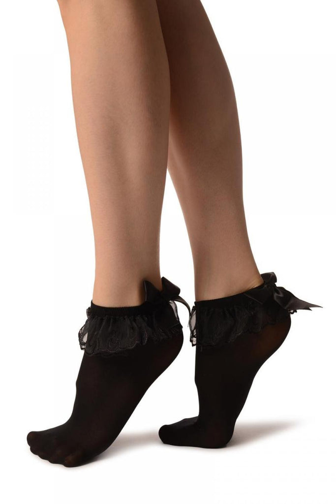 Liss Kiss Black Opaque With Black Bow & Lace Ankle High Socks - Socks