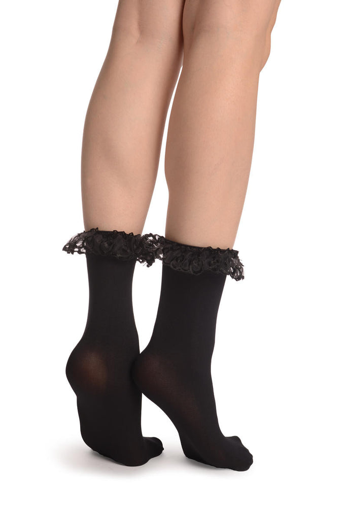 Liss Kiss Black Opaque With Black Lace Ankle Hight Socks 60 Den - Socks