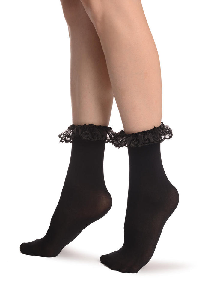 Liss Kiss Black Opaque With Black Lace Ankle Hight Socks 60 Den - Socks