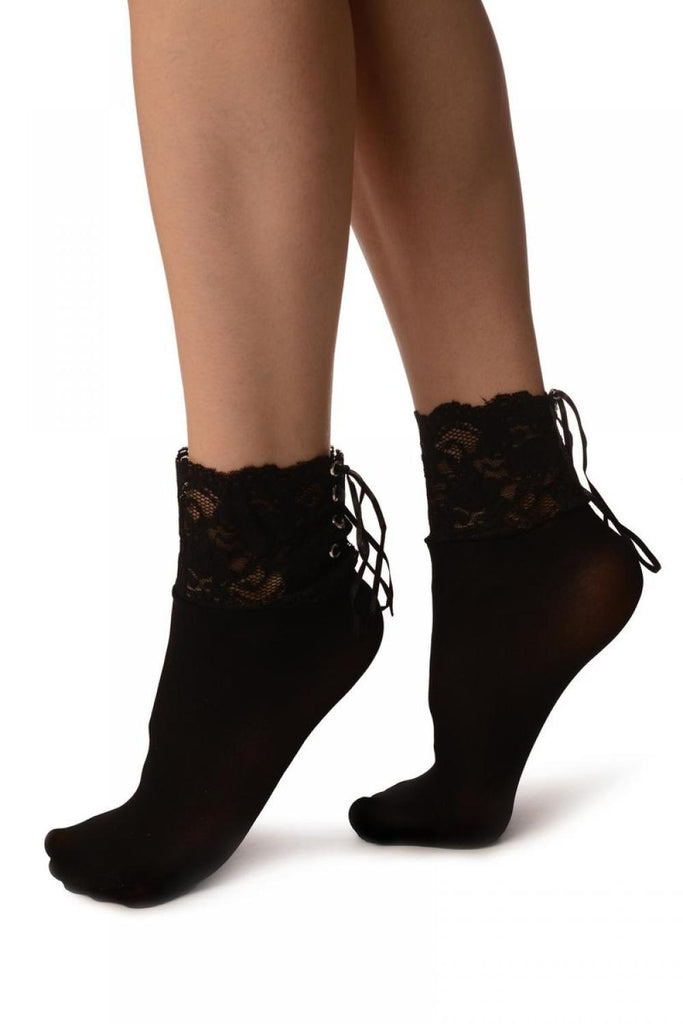 Liss Kiss Black Opaque With Corset Back Lace Socks Ankle High - Socks
