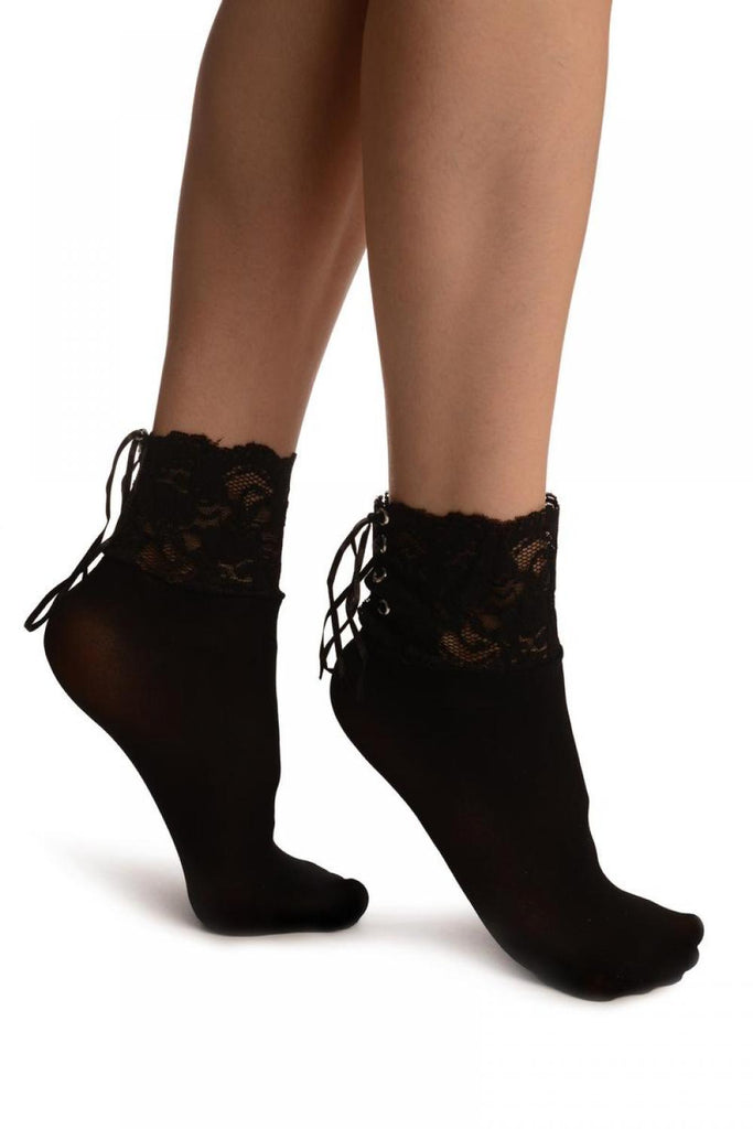Liss Kiss Black Opaque With Corset Back Lace Socks Ankle High - Socks