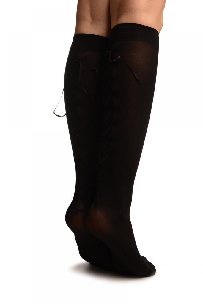 Liss Kiss Black Opaque With Lace Up Back Seam Knee High Socks - Socks