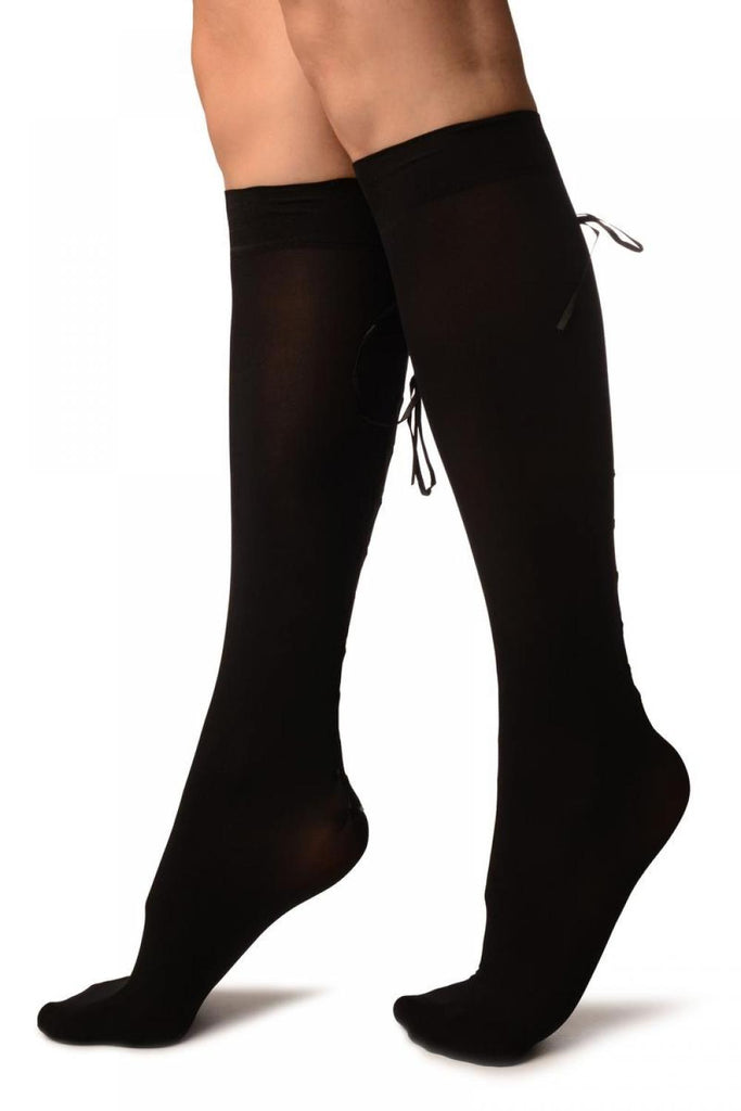 Liss Kiss Black Opaque With Lace Up Back Seam Knee High Socks - Socks