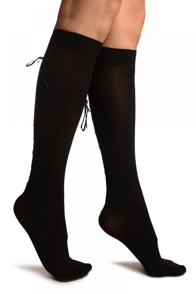 liss kiss Black Opaque With Lace Up Back Seam Knee High Socks - Socks
