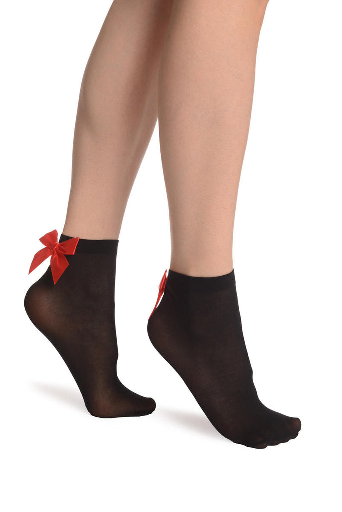 Liss Kiss Black Opaque With Red Satin Bow Ankle High Socks 60 Den - Socks