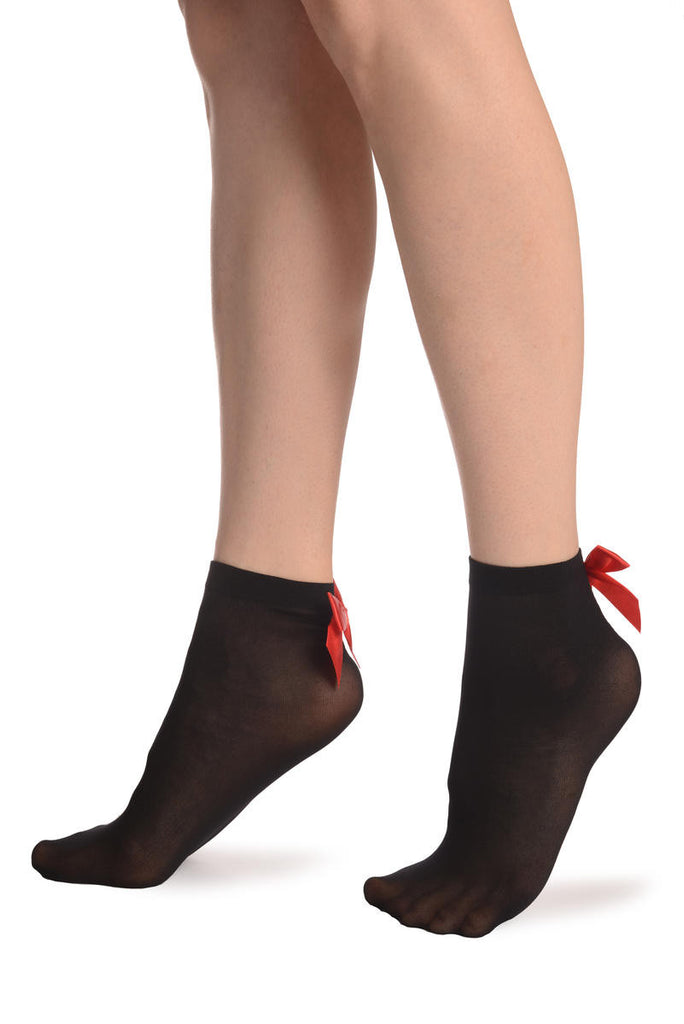 Liss Kiss Black Opaque With Red Satin Bow Ankle High Socks 60 Den - Socks
