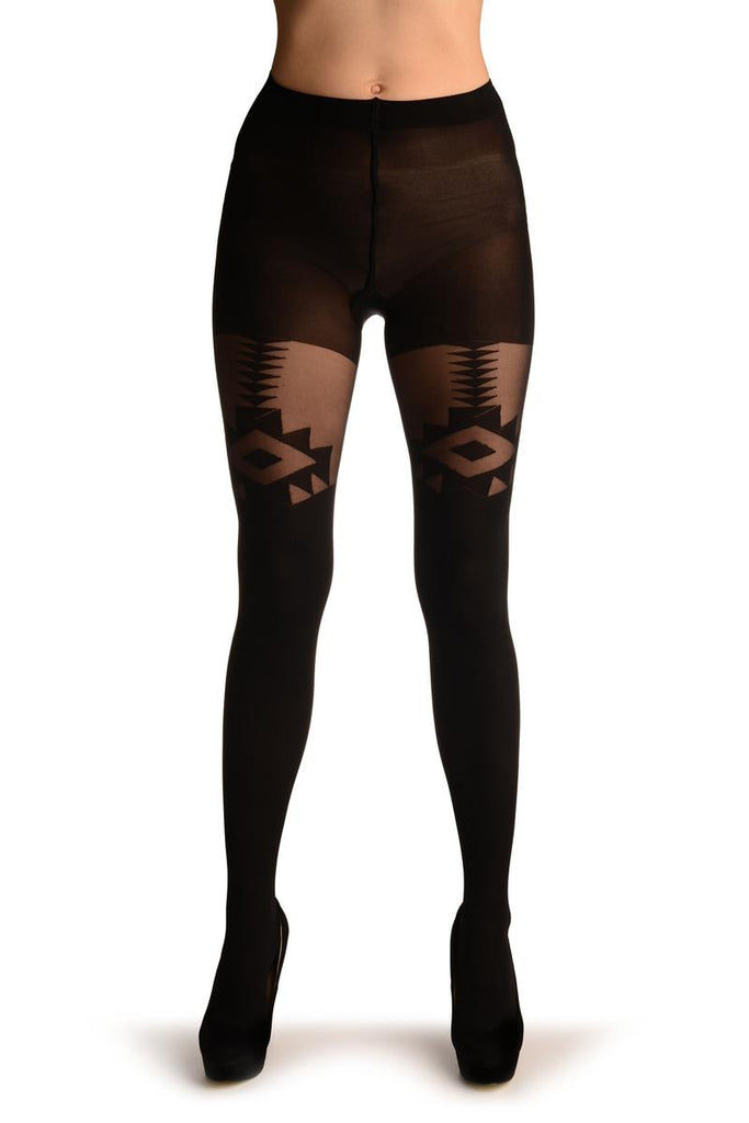 Liss Kiss Black Opaque With Sheer Geometrical Faux Garter Tights - Tights