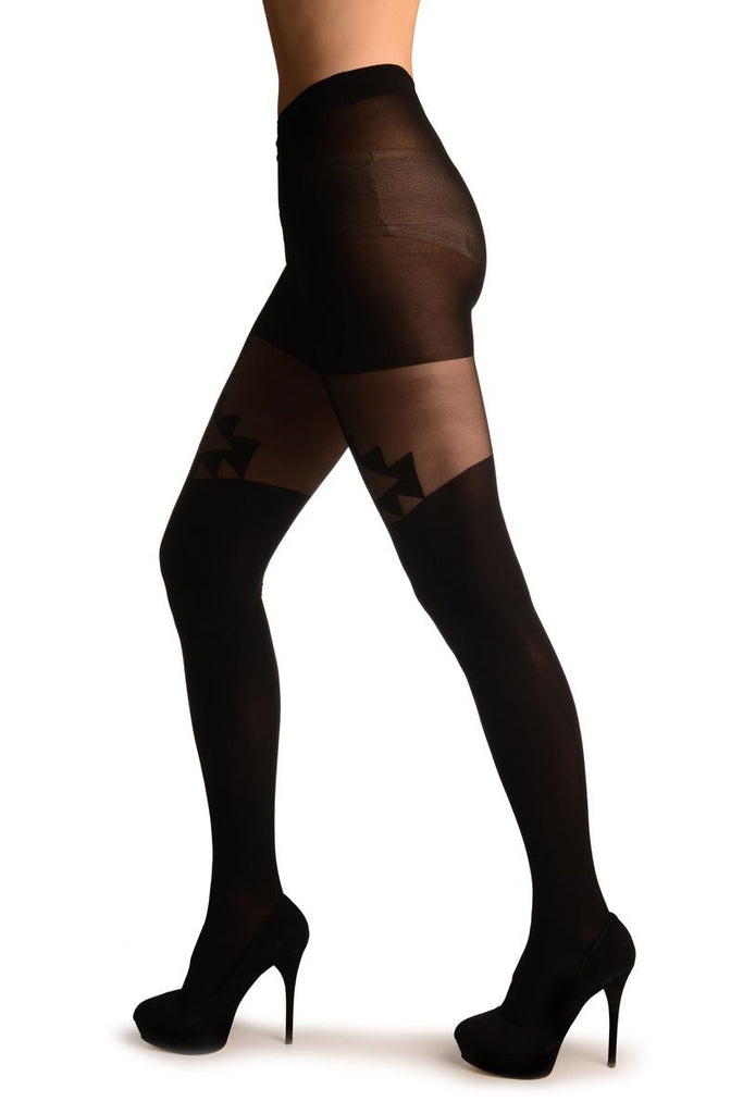 Liss Kiss Black Opaque With Sheer Geometrical Faux Garter Tights - Tights