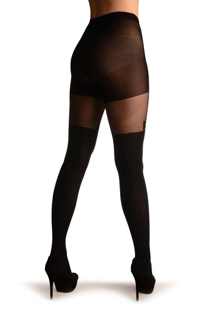 Liss Kiss Black Opaque With Sheer Geometrical Faux Garter Tights - Tights