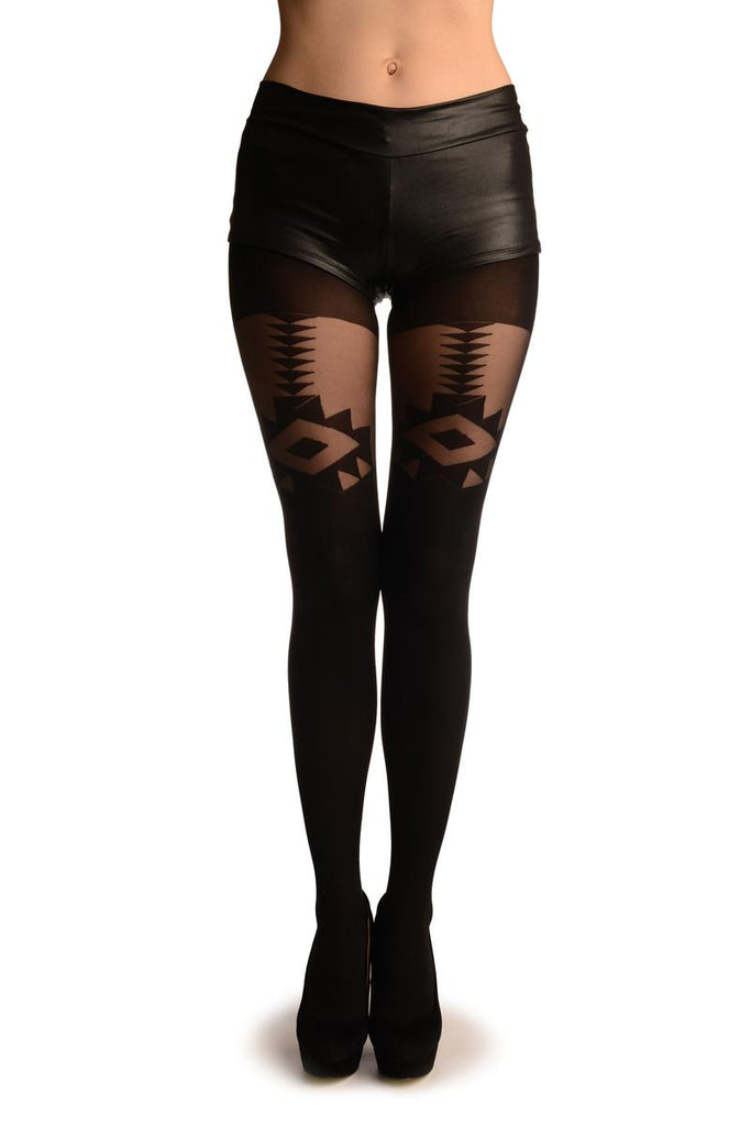 liss kiss Black Opaque With Sheer Geometrical Faux Garter Tights - Tights
