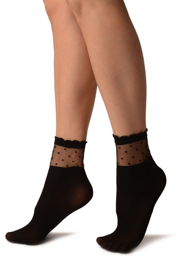 Liss Kiss Black Opaque With Sheer Spotty Top Ankle High Socks - Socks