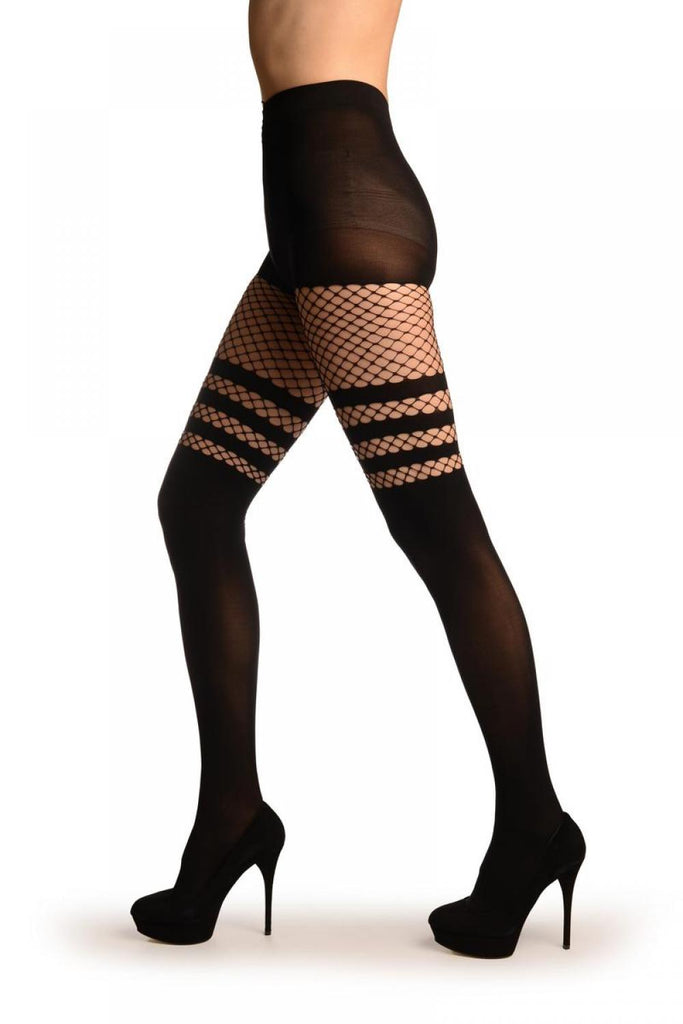 Liss Kiss Black Opaque With Striped Fishnet Top - Tights