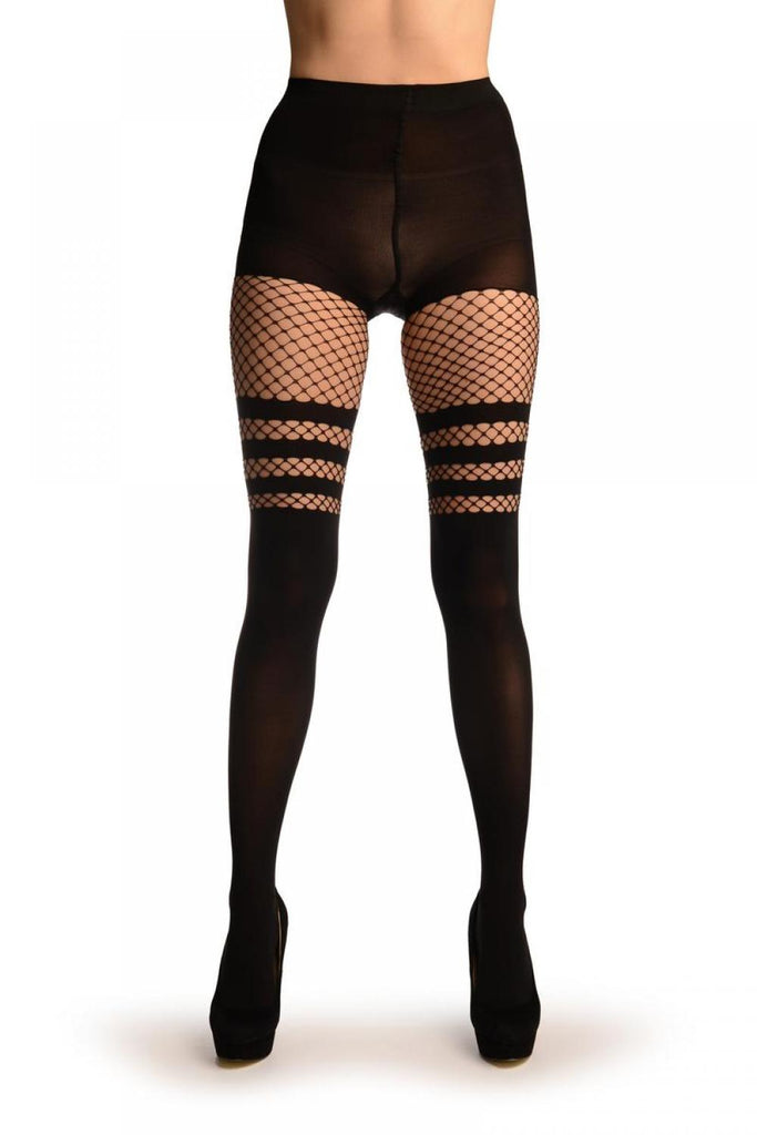 liss kiss Black Opaque With Striped Fishnet Top - Tights