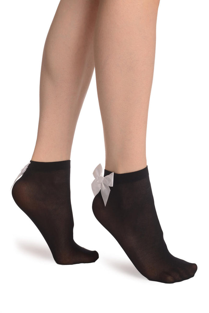 Liss Kiss Black Opaque With White Satin Bow Ankle High Socks 60 Den - Socks