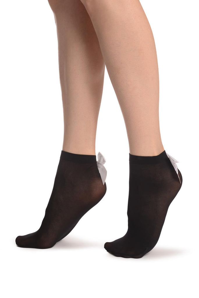 Liss Kiss Black Opaque With White Satin Bow Ankle High Socks 60 Den - Socks