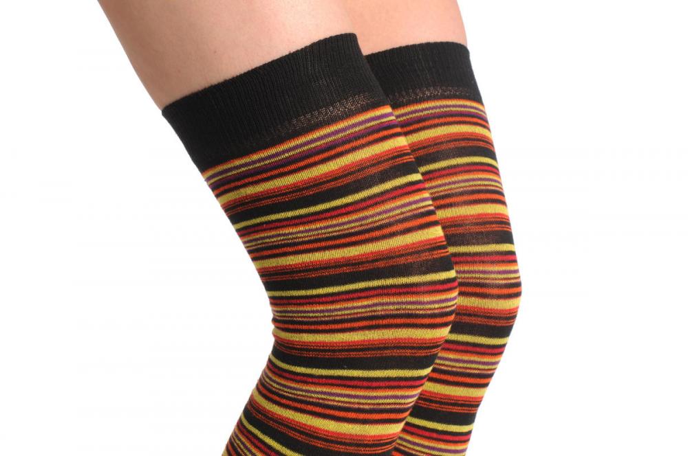 Liss Kiss Black Orange & Neon Green Thin Stripes - Over The Knee Socks