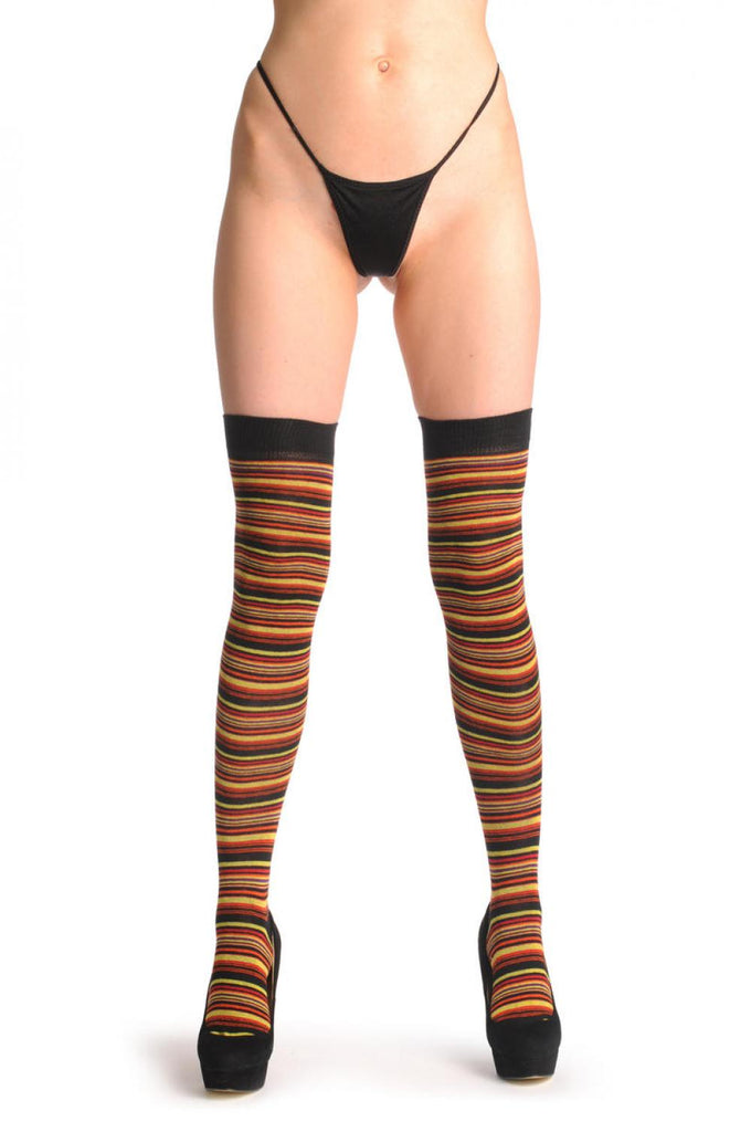 liss kiss Black Orange & Neon Green Thin Stripes - Over The Knee Socks