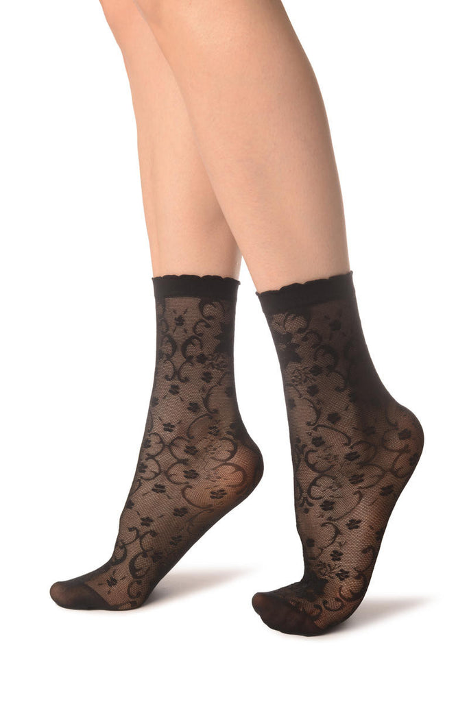 Liss Kiss Black Orchides On Lace Ankle High Socks - Socks