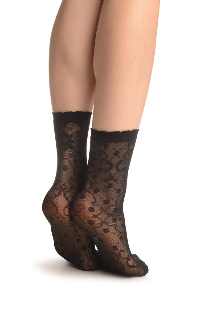 Liss Kiss Black Orchides On Lace Ankle High Socks - Socks