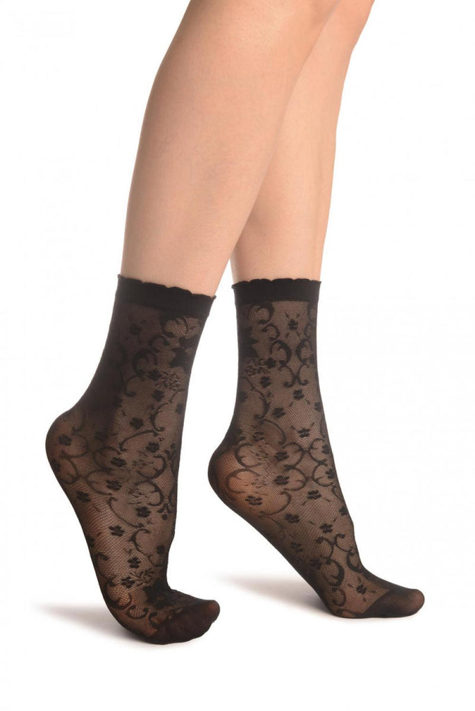 liss kiss Black Orchids On Lace Ankle High Socks - Socks