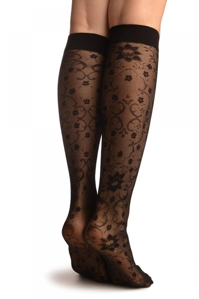 Liss Kiss Black Orchids On Lace Socks Knee High - Socks