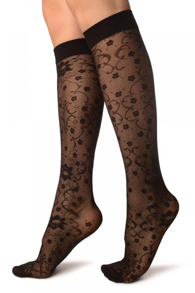 Liss Kiss Black Orchids On Lace Socks Knee High - Socks