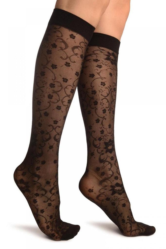 Liss Kiss Black Orchids On Lace Socks Knee High - Socks