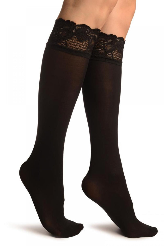liss kiss Black Pain With Floral Silicon Lace Socks Knee High - Socks