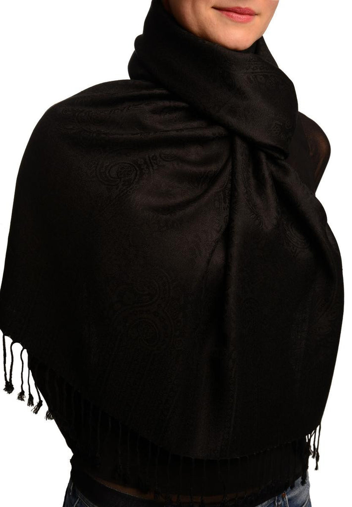 Liss Kiss Black Paisleys Pashmina Feel With Tassels - Scarf