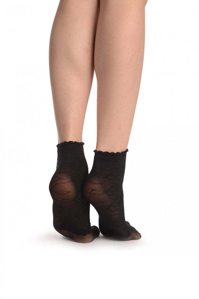Liss Kiss Black Patterned Mesh & Sheer Toes Socks Ankle High - Socks