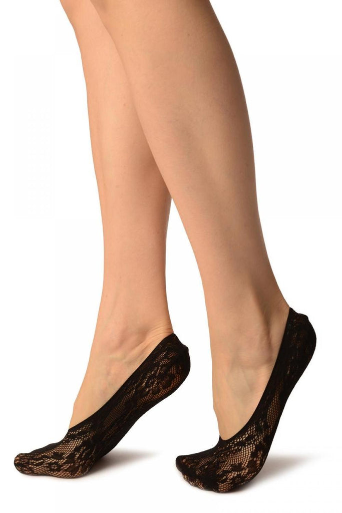 Liss Kiss Black Pearls & Flowers Lace Footies - Footsies Socks