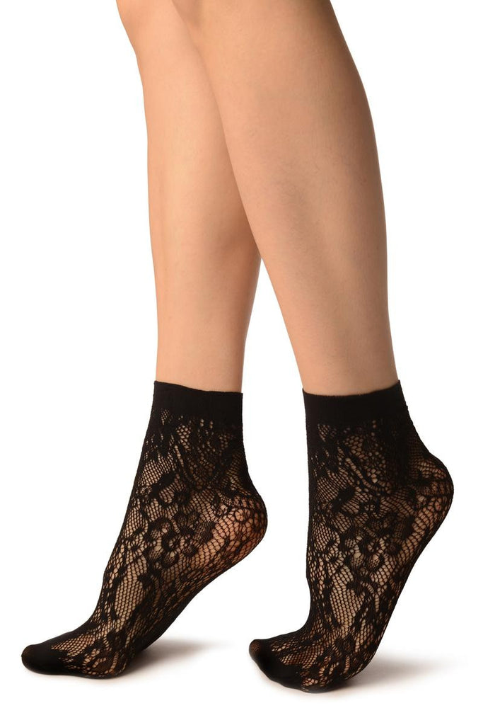 Liss Kiss Black Pearls & Flowers Lace Socks Ankle High - Socks