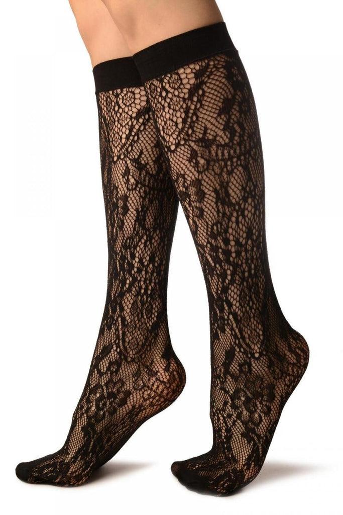 Liss Kiss Black Pearls & Flowers Lace Socks Knee High - Socks