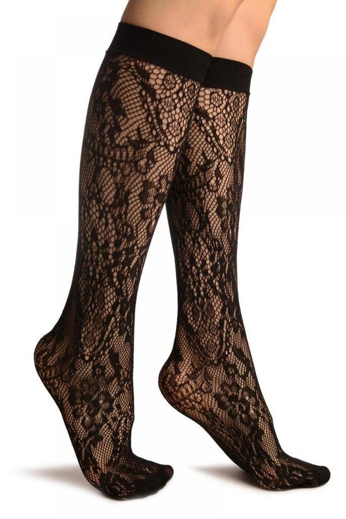 liss kiss Black Pearls & Flowers Lace Socks Knee High - Socks