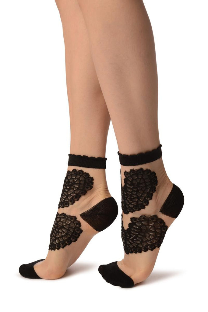 Liss Kiss Black Pink Hearts On Invisible Mesh Ankle High Socks - Socks