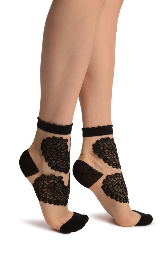 Liss Kiss Black Pink Hearts On Invisible Mesh Ankle High Socks - Socks
