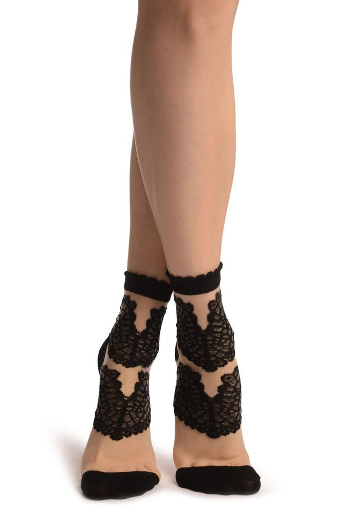 liss kiss Black Pink Hearts On Invisible Mesh Ankle High Socks - Socks