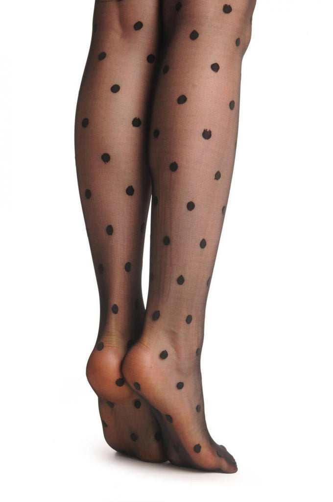 Liss Kiss Black Polka Dots With Floral Silicon Lace Top - Hold Ups