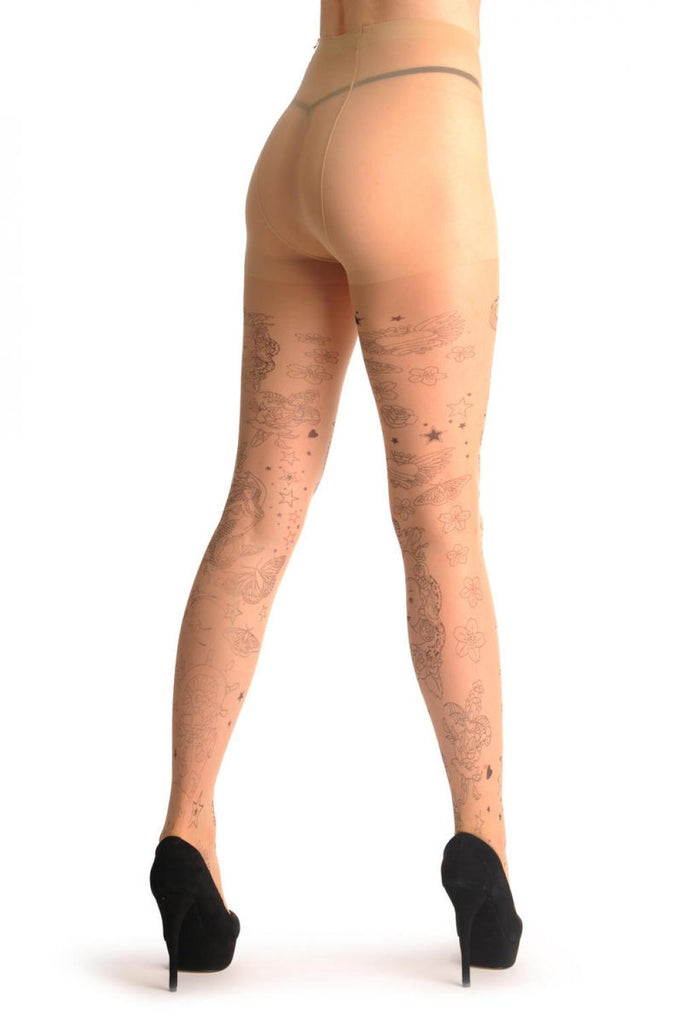 Liss Kiss Black Printed Heart Roses & Starts Tattoo - Tights