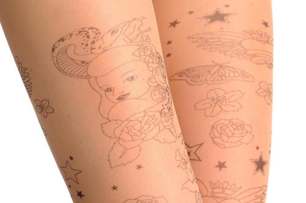 Liss Kiss Black Printed Heart Roses & Starts Tattoo - Tights