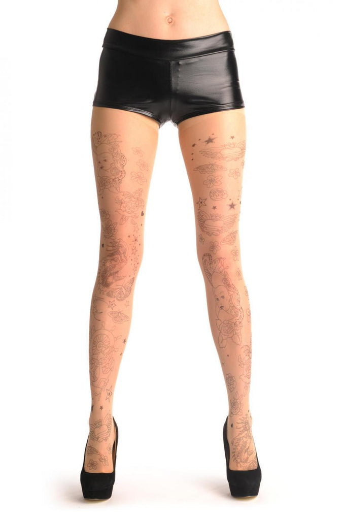 Liss Kiss Black Printed Heart Roses & Starts Tattoo - Tights