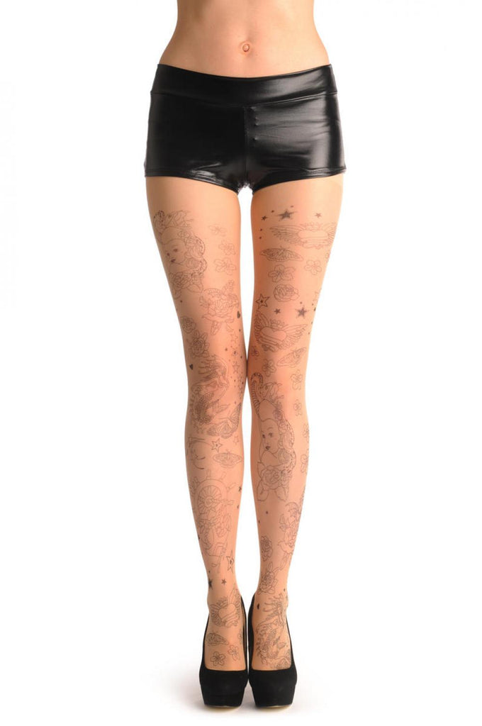 liss kiss Black Printed Heart Roses & Starts Tattoo - Tights