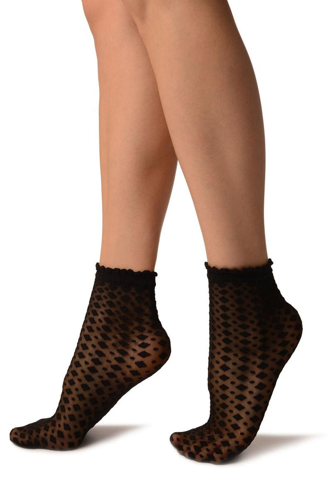 Liss Kiss Black Rhomb & Dots Ankle High Socks With Comfort Top - Socks