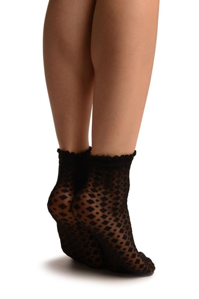 Liss Kiss Black Rhomb & Dots Ankle High Socks With Comfort Top - Socks