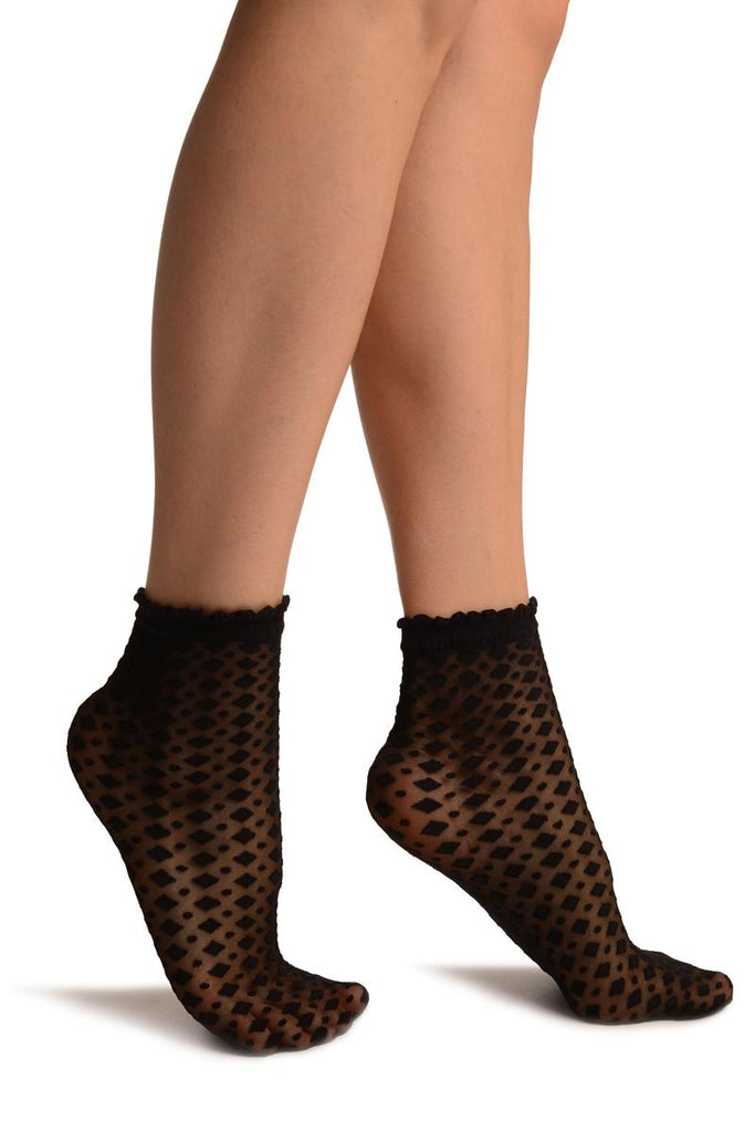liss kiss Black Rhomb & Dots Ankle High Socks With Comfort Top - Socks