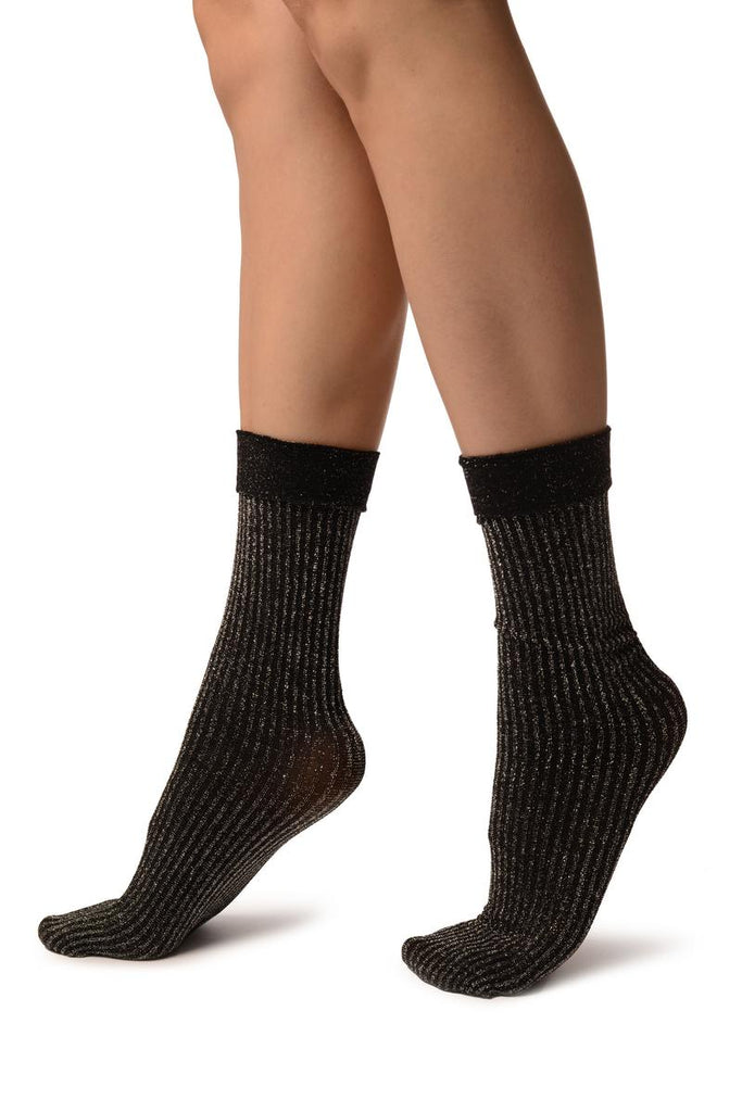Liss Kiss Black Ribbed With Silver Lurex Ankle High Socks - Socks