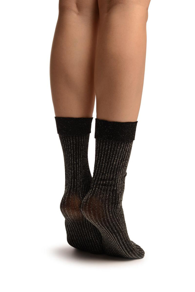Liss Kiss Black Ribbed With Silver Lurex Ankle High Socks - Socks