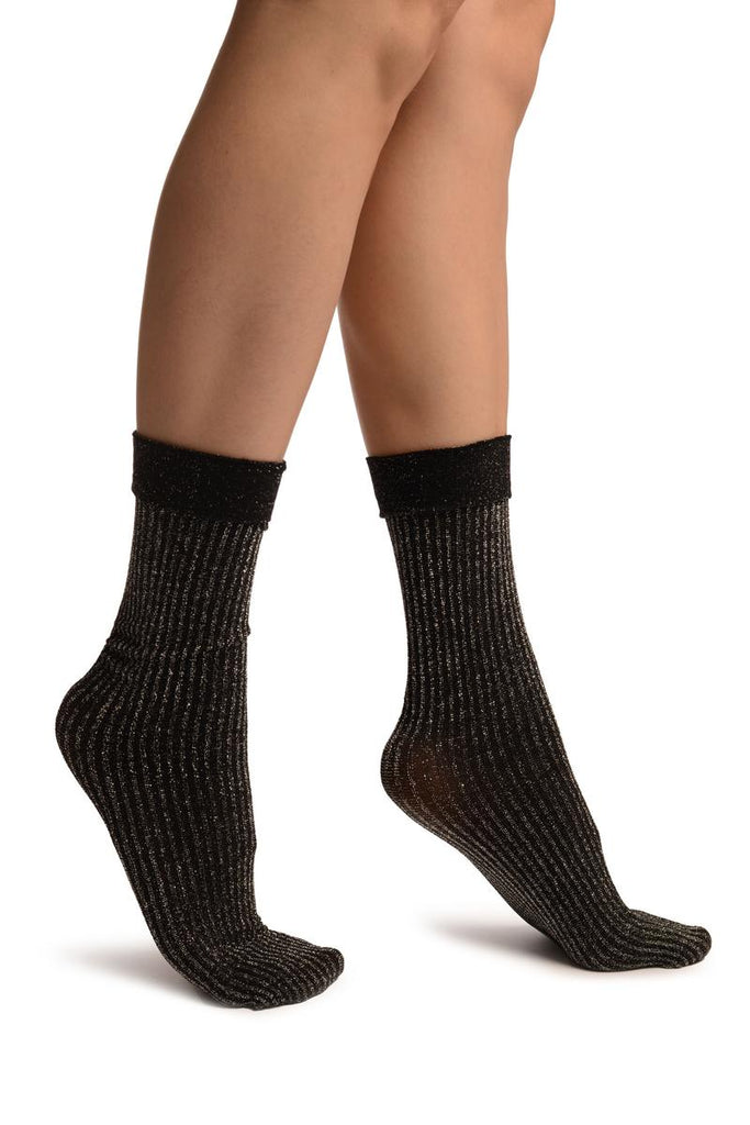 liss kiss Black Ribbed With Silver Lurex Ankle High Socks - Socks
