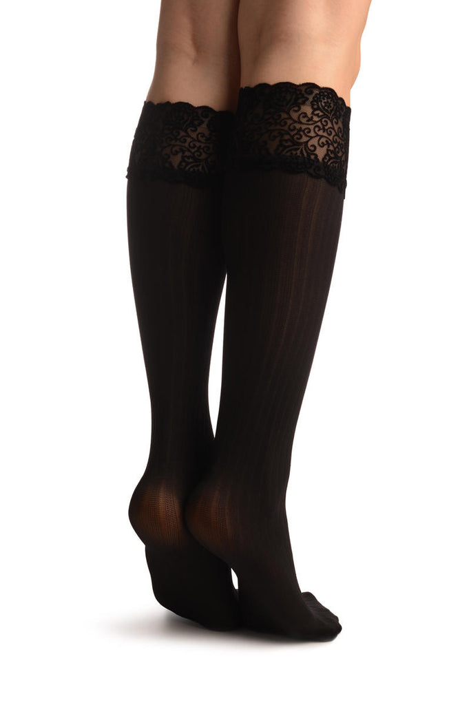 Liss Kiss Black Ribbed With Velvet Silicon Top Knee High Socks - Socks