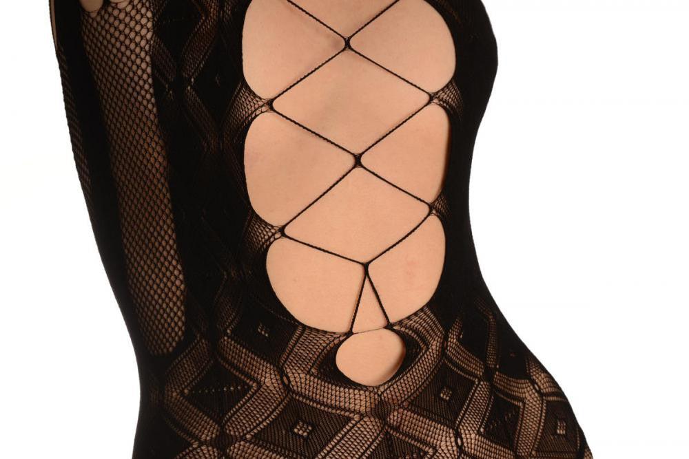 Liss Kiss Black Rombs Lace Mini Dress (Bodystocking) - Bodystocking